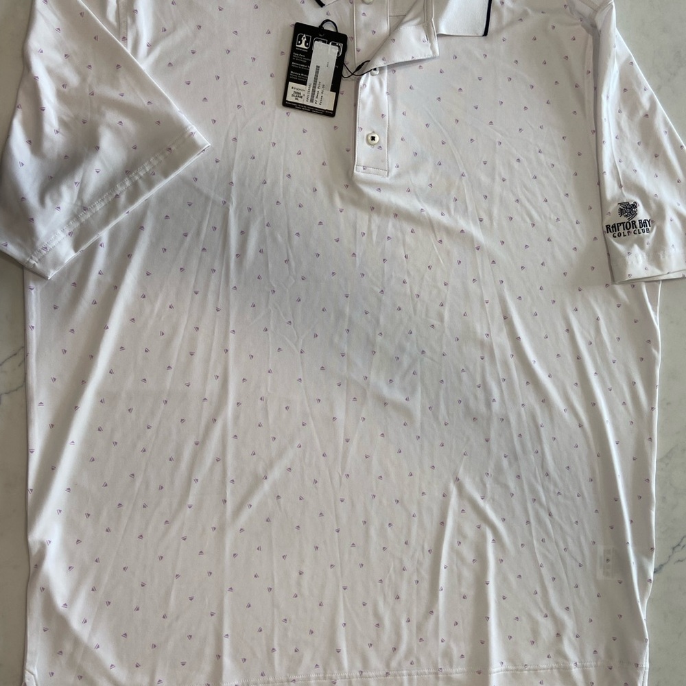 FJ White Polo Shirt with purple sailboat Pattern men’s 2xl. NWT